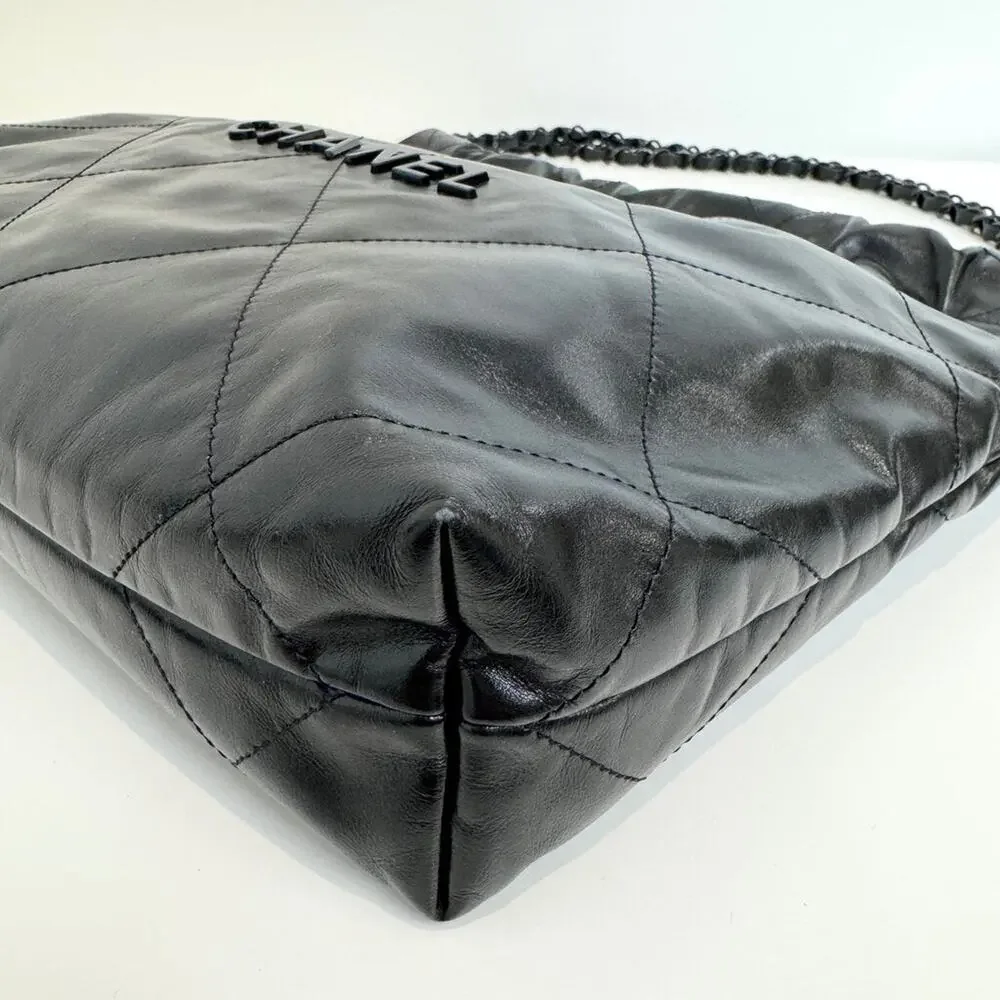CHANEL 22 So Black Small Quilted Lambskin Tote Logo Shoulder Hobo Bag w Pouch